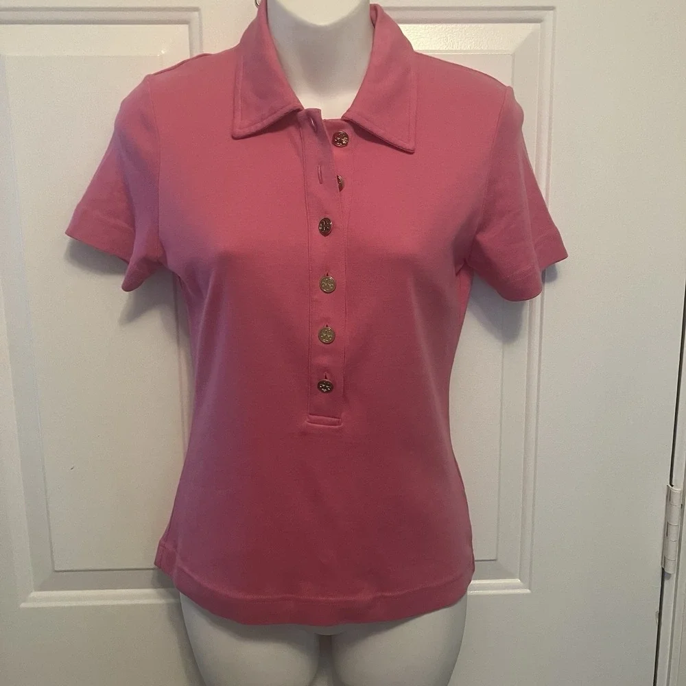TORY BURCH Hot Pink Polo Shirt Top‎ Gold Buttons Size Small Women's
